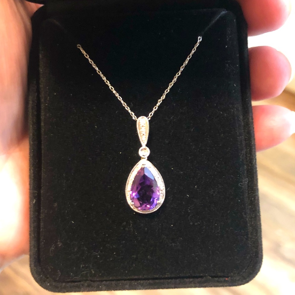 14K White Gold Amethyst & Diamond Necklace